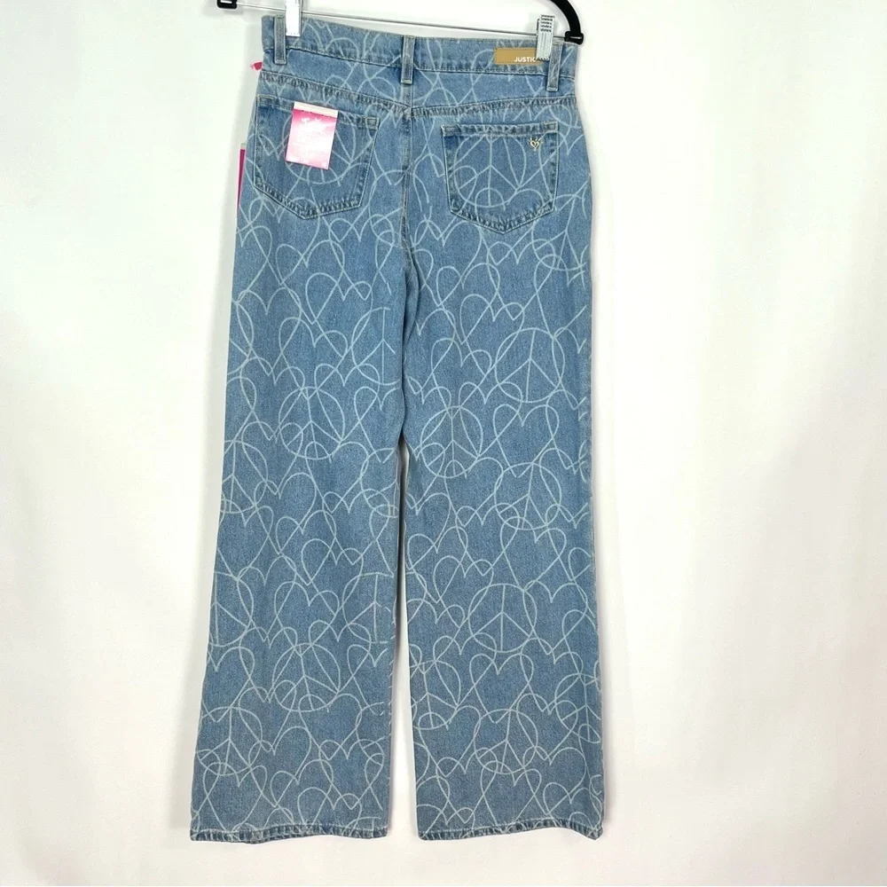 Girls Justice Wide Loose Leg Peace Heart Blue Jeans Sz 16 NWT